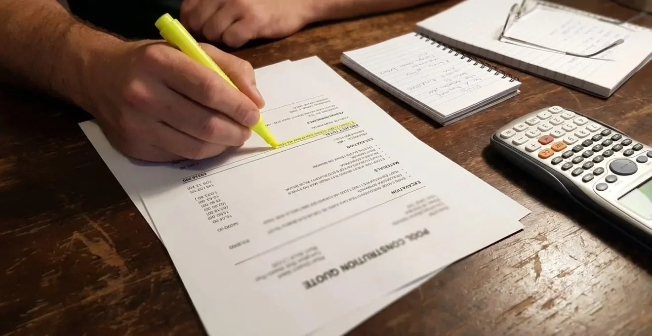 Gros plan sur un devis de construction piscine en cours d'analyse, avec une main surlignant une ligne au marqueur jaune, calculatrice et carnet de notes à côté.