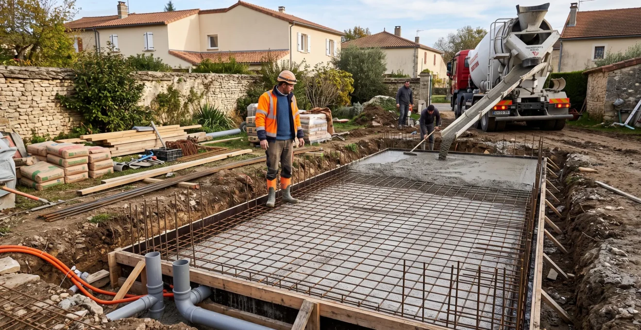 Chantier installation spa extérieur, excavation rectangulaire avec dalle béton armé ferraillée en cours de coulage, tubes PVC évacuation et gaines électriques pré-installés, professionnel BTP supervisant les travaux de fondation, véhicule livraison béton en arrière-plan