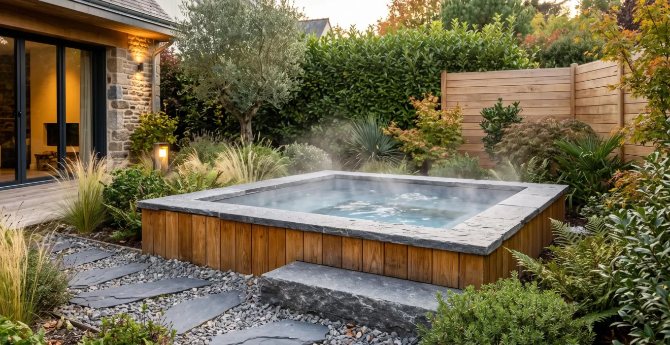 Spa extérieur encastré en bois thermotraité et pierre naturelle dans jardin contemporain français, vapeur s'élevant de l'eau chauffée, entouré de graminées ornementales et dalles de schiste, lumière dorée de fin d'après-midi