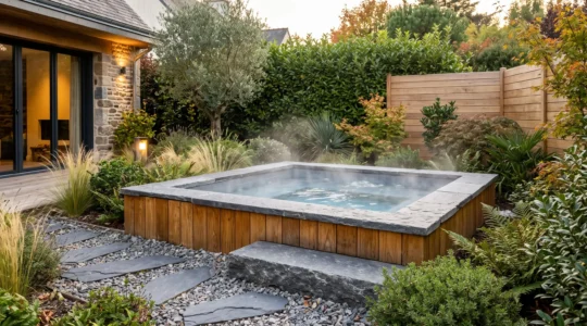 Spa extérieur encastré en bois thermotraité et pierre naturelle dans jardin contemporain français, vapeur s'élevant de l'eau chauffée, entouré de graminées ornementales et dalles de schiste, lumière dorée de fin d'après-midi