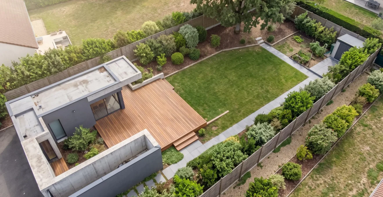 Vue aérienne oblique jardin résidentiel français 400 m² avec pelouse centrale, terrasse bois attenante maison, zones arbustives en limites de propriété, cheminement existant, zones ensoleillées et ombragées distinctes selon orientation